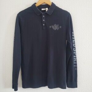 Diesel Boys Polo Shirt Size 14 Black Long Sleeve Pique Knit Graphic Printed